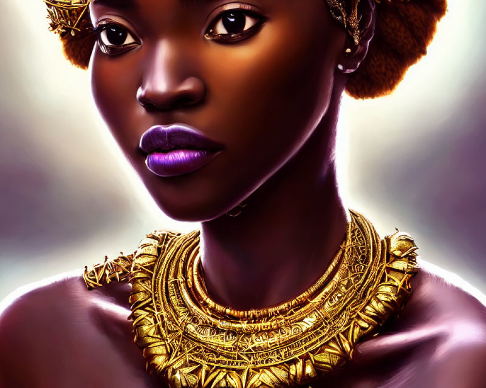 Digital portrait of woman with purple lips, golden jewelry, and traditional hairstyle