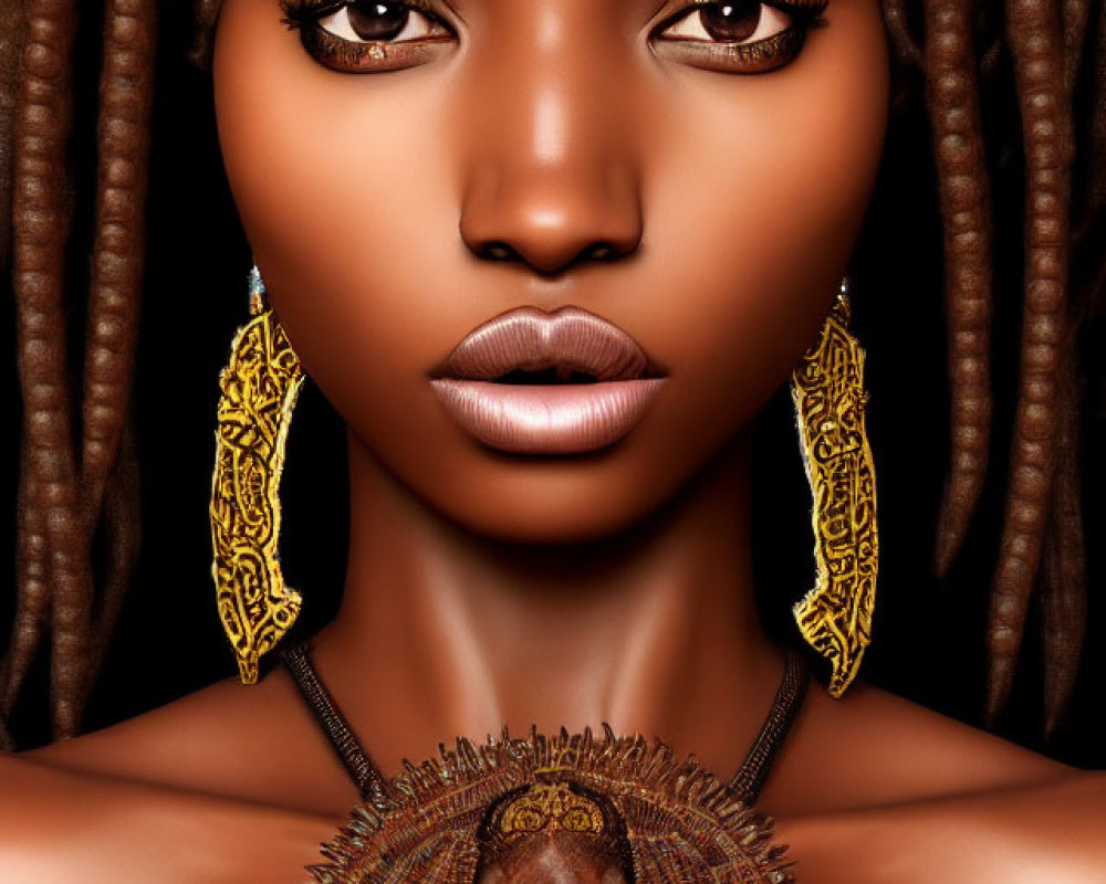 Detailed digital portrait of woman with braided hair and intricate accessories.