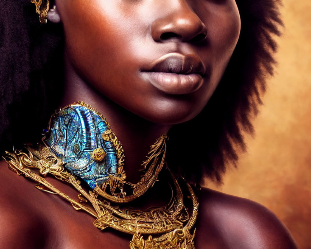 Close-up portrait of woman with dark skin in blue and gold necklace and jewelry on warm-toned backdrop