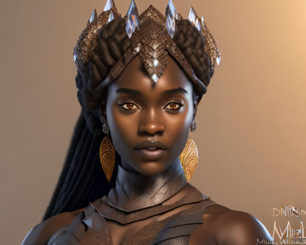 Digital artwork: Woman with braided hair, jeweled crown, earrings, and shoulder armor