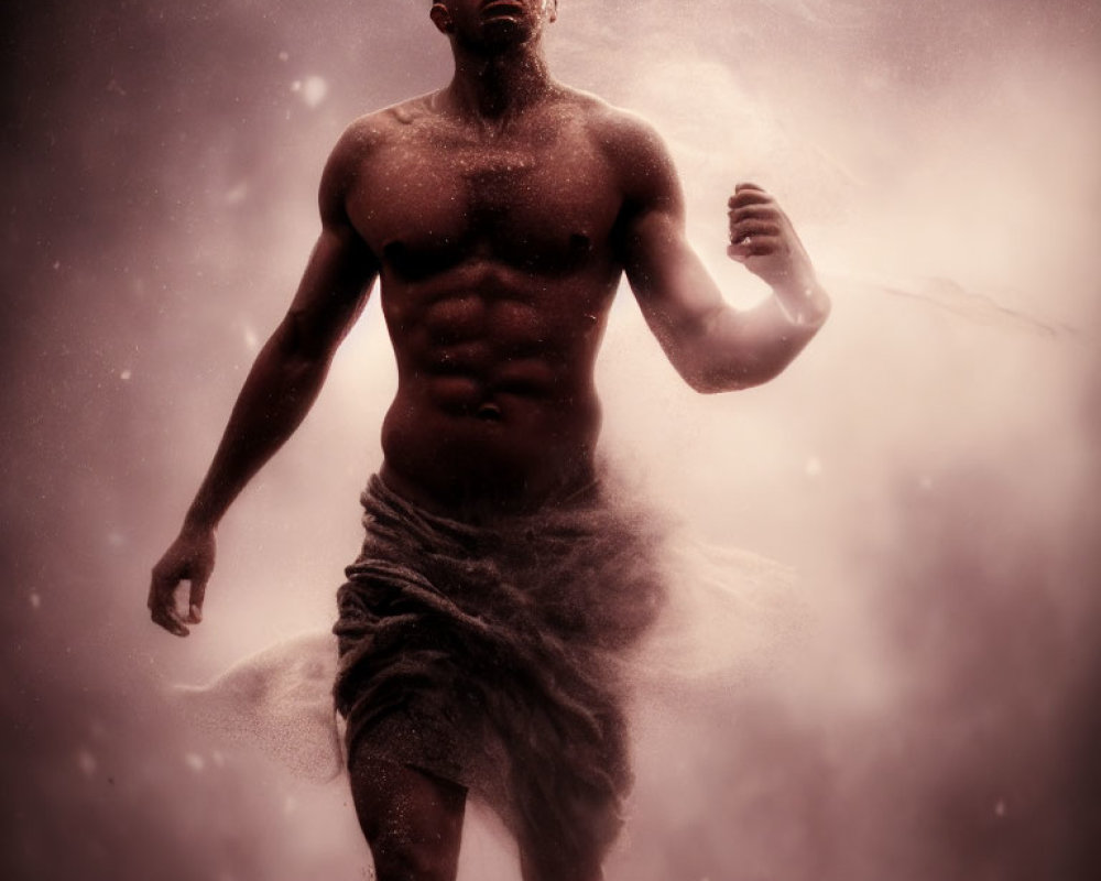 Muscular person running in misty background depicts strength and determination