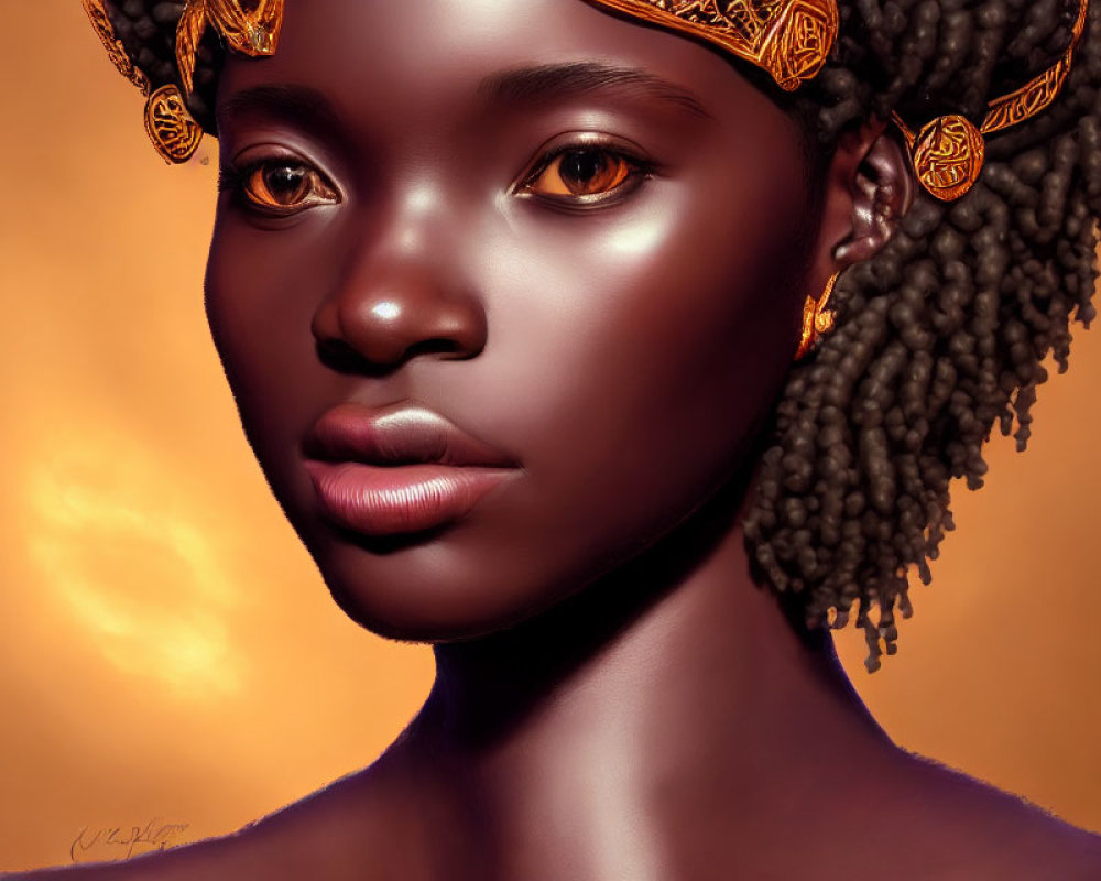 Illustrated portrait of woman with dark skin and braided hair on warm background