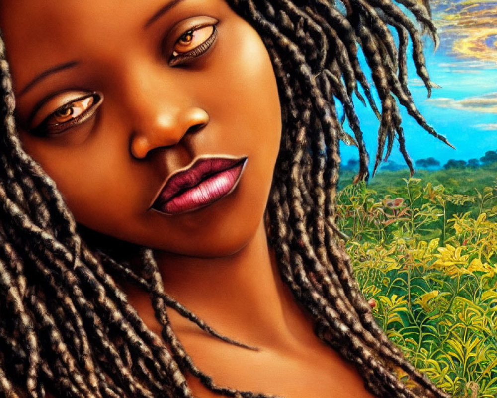 Illustration of woman with dreadlocks in vibrant sunset flora background