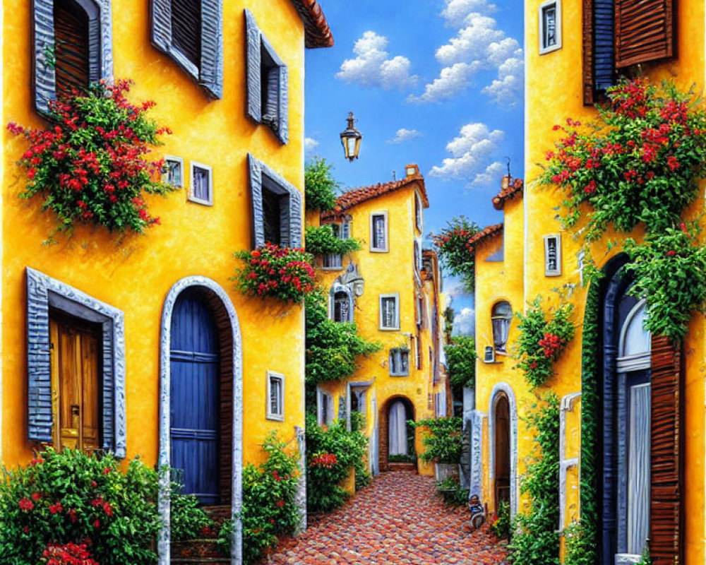 Colorful cobblestone alley with yellow buildings, green shutters, red flowers, blue sky.