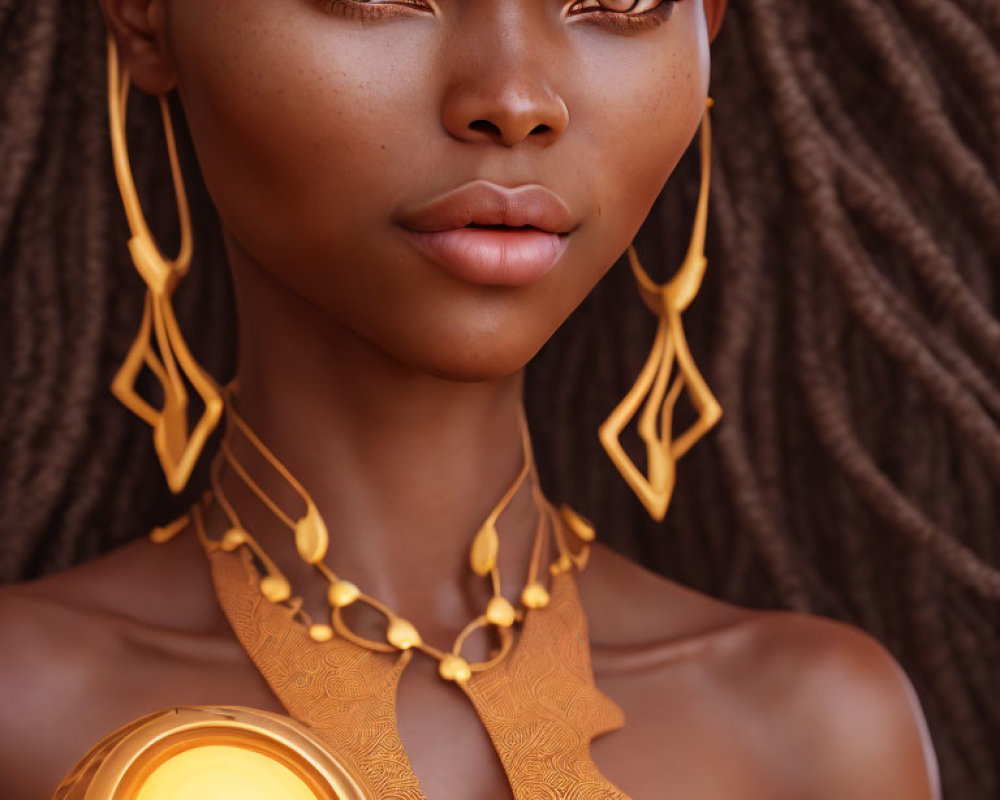 Portrait of woman with striking eyes and golden jewelry holding glowing orb