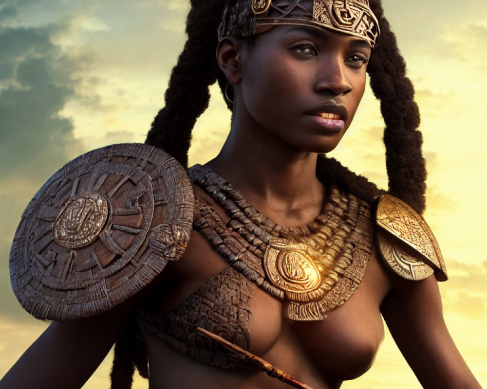 African-inspired woman in traditional attire with spear and shield at sunset