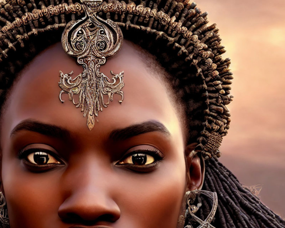 Detailed close-up of woman with braided hair in ornate sunset headpiece