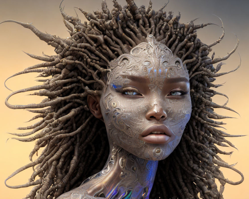 Digital artwork: Female figure with metallic facial tattoos, dreadlocks, and futuristic iridescent neck design