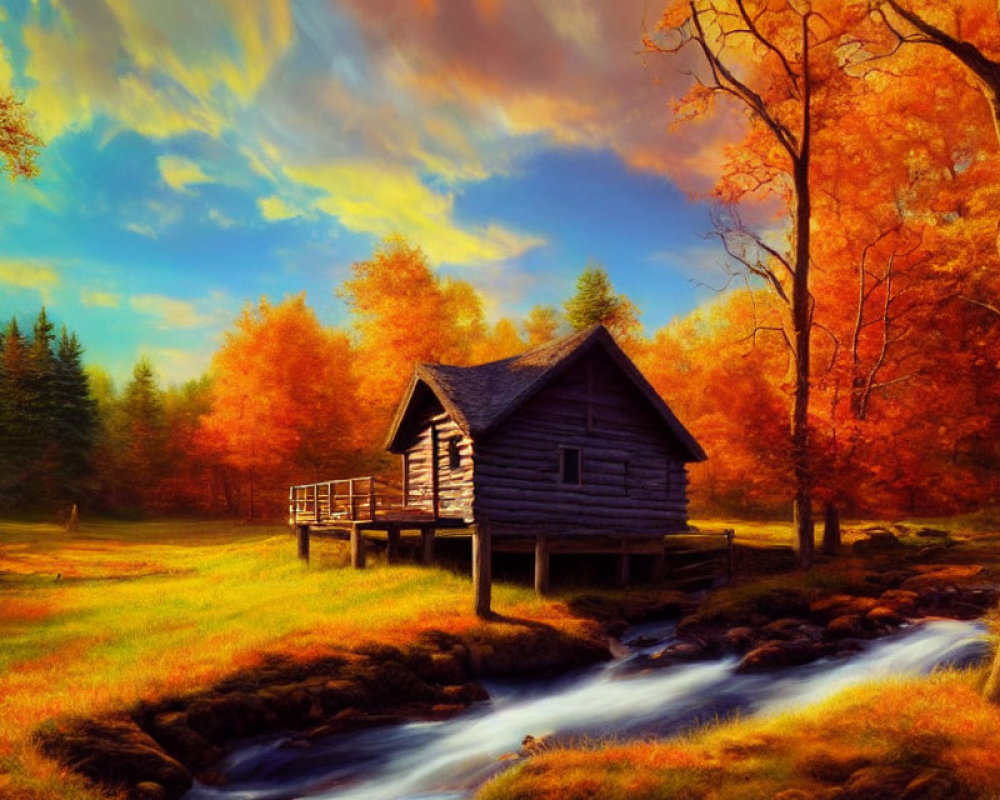 Rustic wooden cabin by stream in autumn forest with vibrant foliage