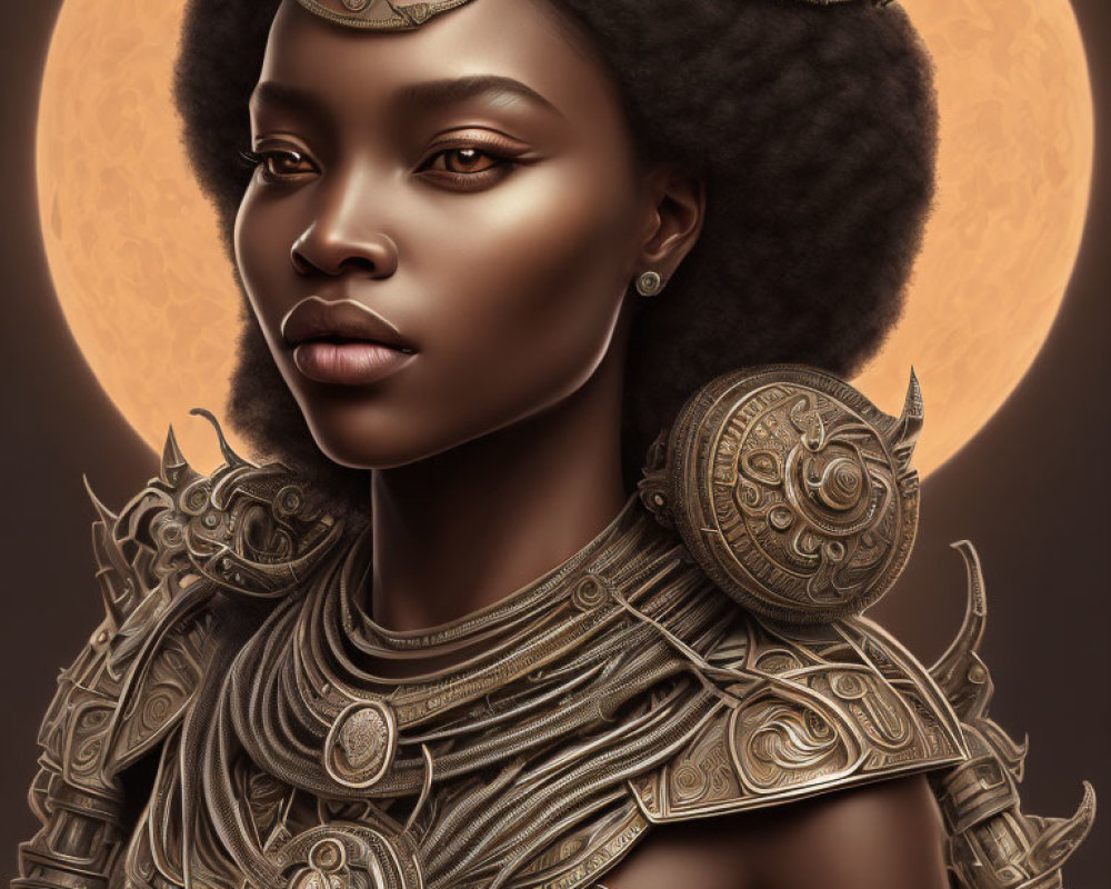 African warrior woman in golden armor under glowing moon