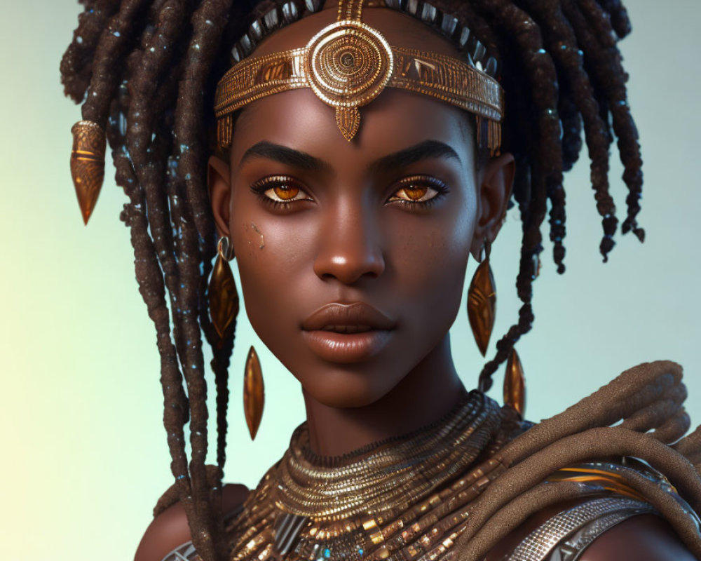 Digital portrait of woman with golden tribal jewelry, headdress, and braided hair on light background