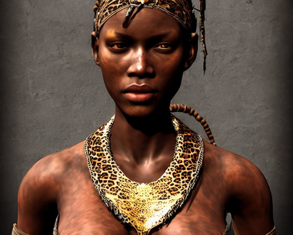 Portrait of Person in Tribal Attire with Leopard Print Garment