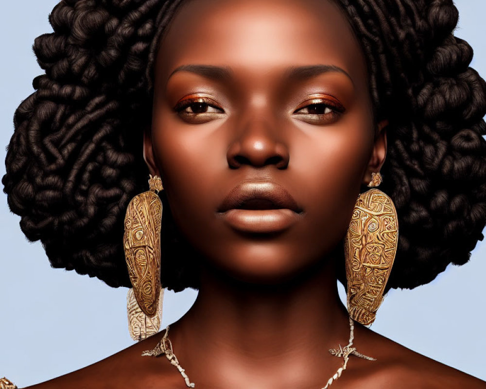 Portrait of woman with dark skin, gold earrings, textured hairstyle, blue background