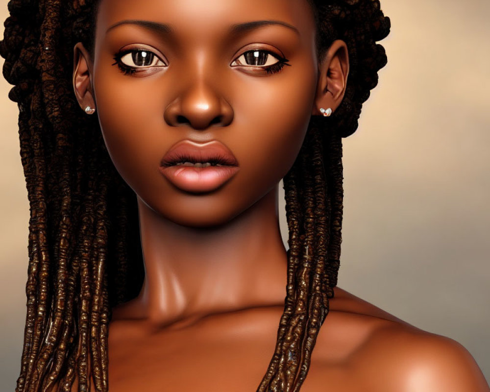 Detailed digital portrait of a woman with striking eyes and braided hair.