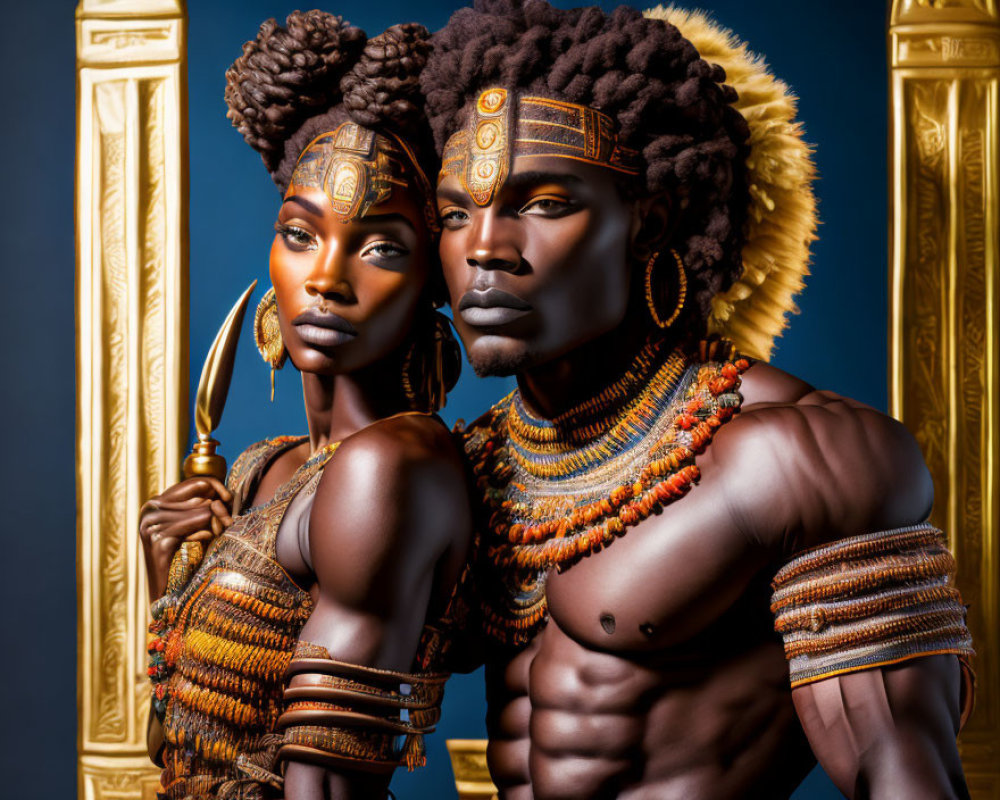 Elaborate African-inspired regalia worn by a majestic man and woman