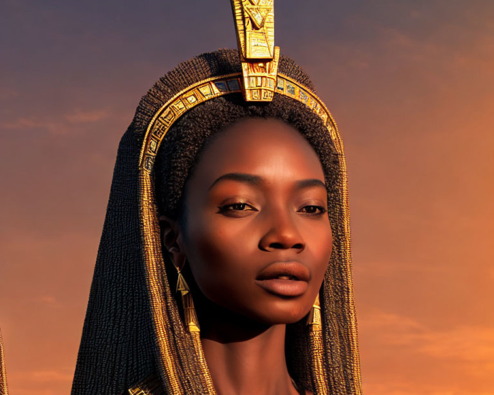 African woman in regal headgear with golden accents under warm sunset sky