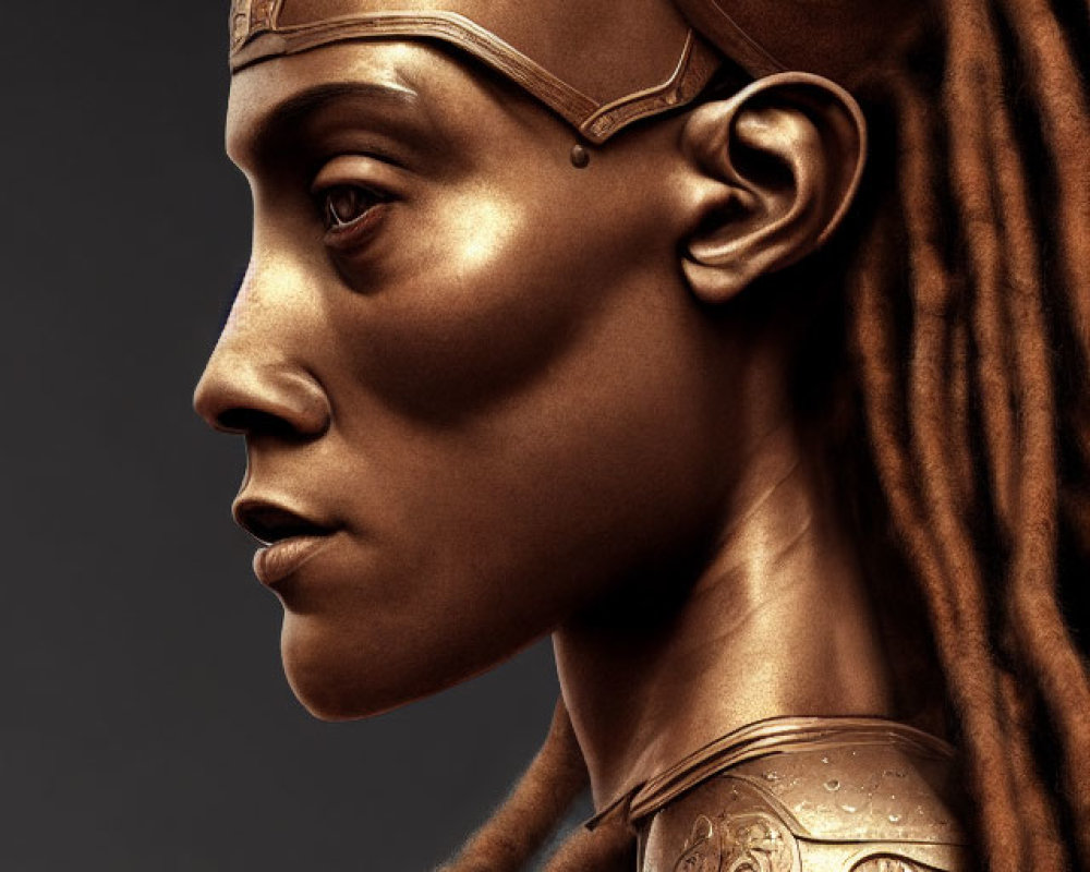 Bronze statue with dreadlocks and detailed armor on dark background