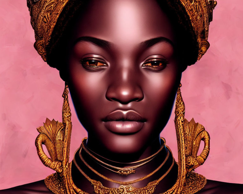 Dark-skinned woman with golden accessories on pink background