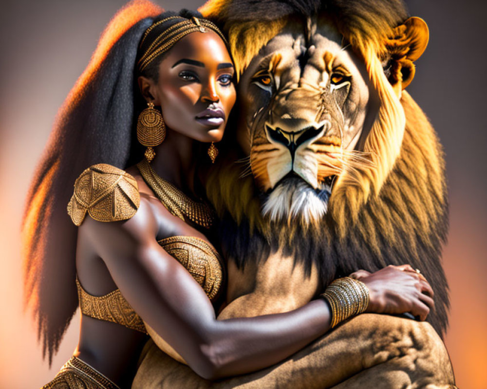 Woman in golden tribal attire with majestic lion on warm-toned backdrop