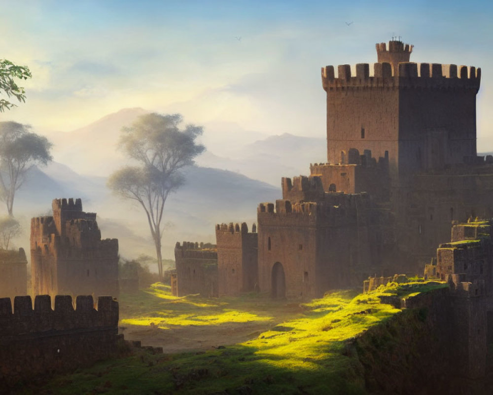 Stone castle in rolling hills at sunrise with warm sunlight and long shadows.