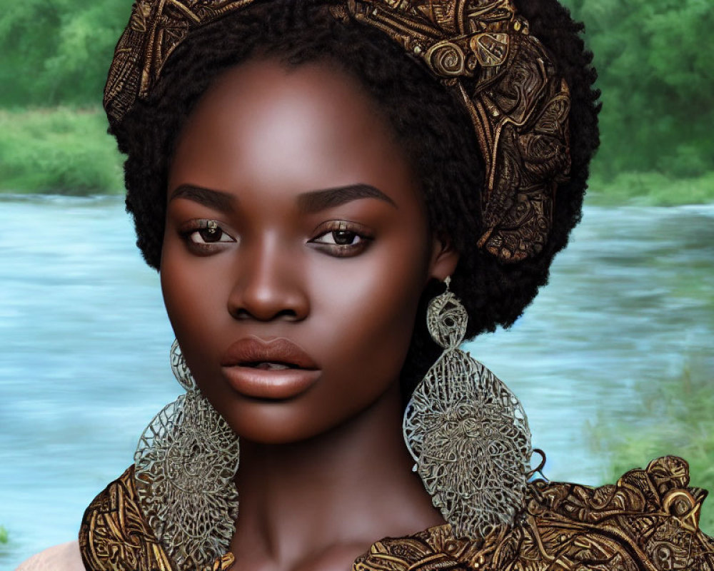 Digital artwork of woman with intricate golden headwear and earrings by river