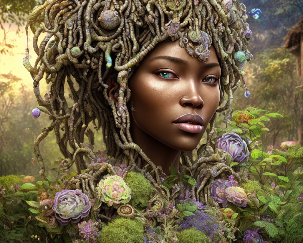 Digital artwork of woman with forest-like hair in enchanted woodland.