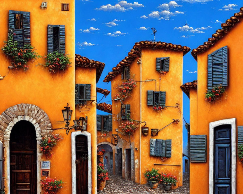 Vibrant orange buildings on cobblestone street with green shutters