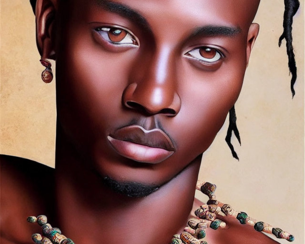 Intense man with dreadlocks and beaded necklace on warm background