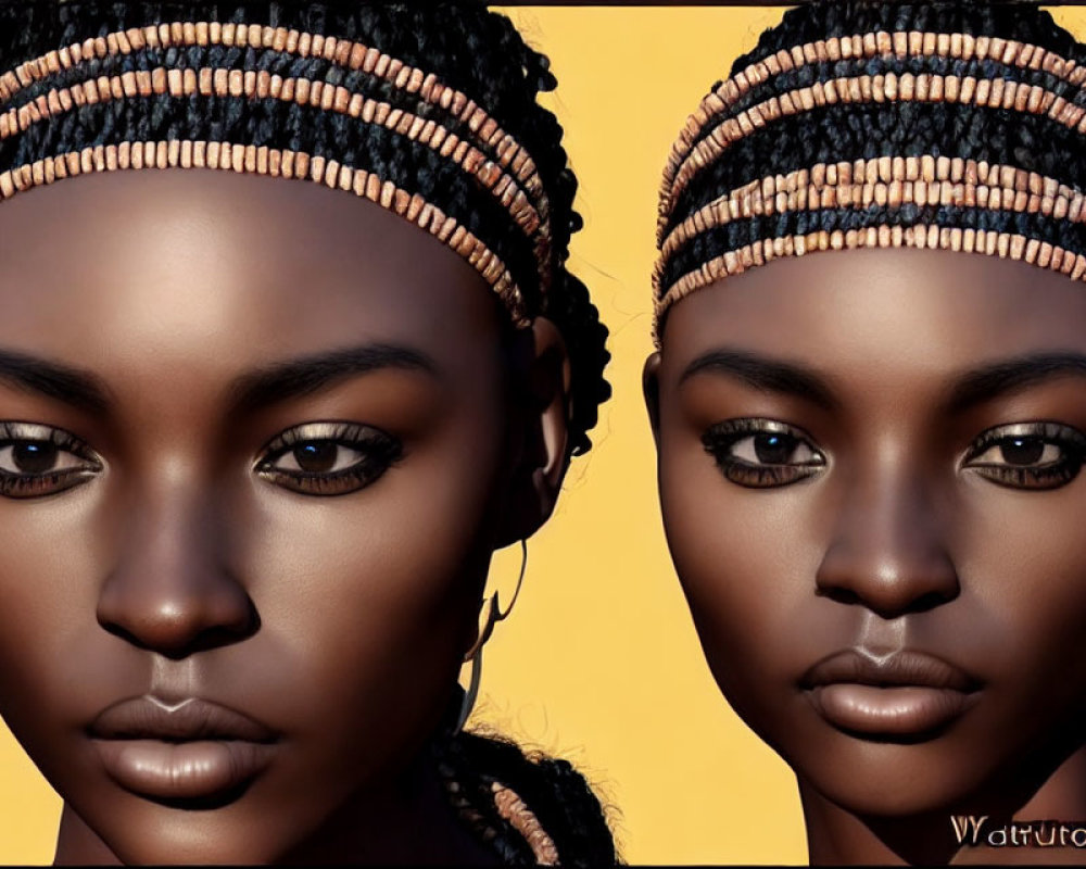 Two lifelike 3D-rendered female figures with beaded headbands and eye-catching makeup