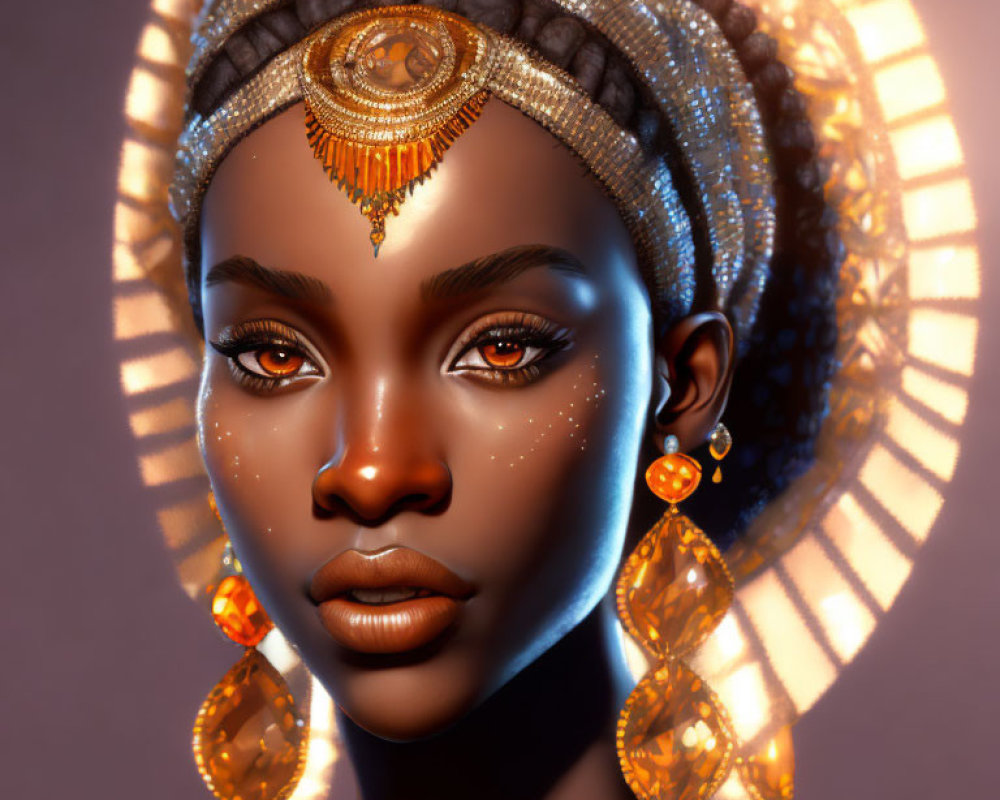 Digital artwork of woman adorned with golden jewelry and halo accessory against warm backdrop