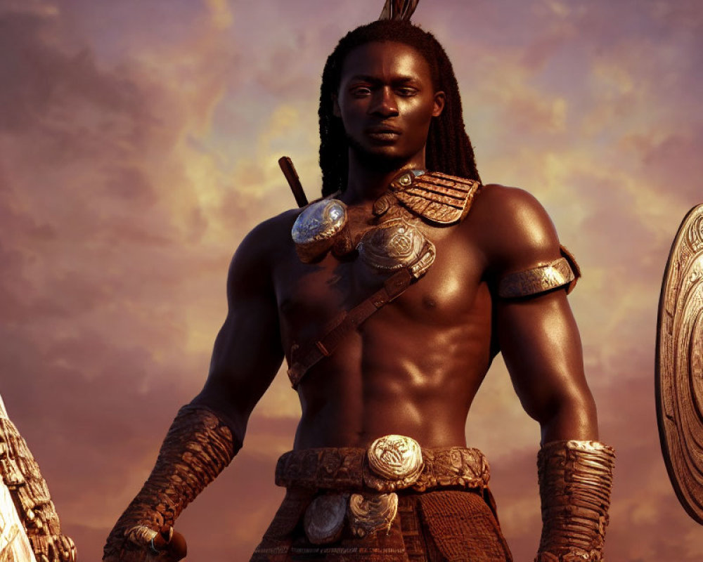 Imposing warrior in leather armor with spear and shield against dramatic sky