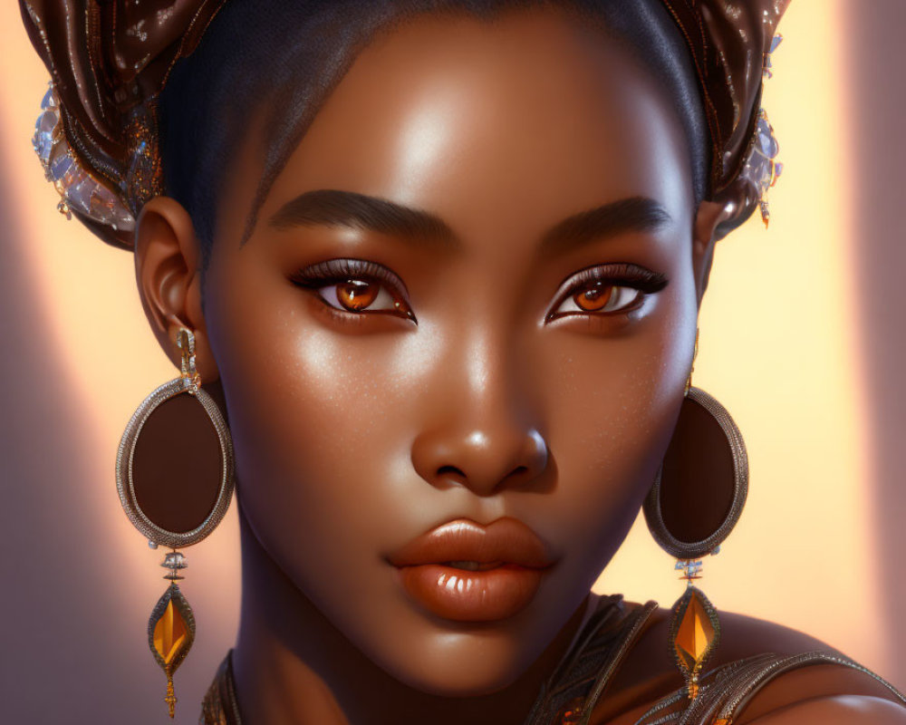 Portrait of a woman with glowing amber eyes and gold earrings