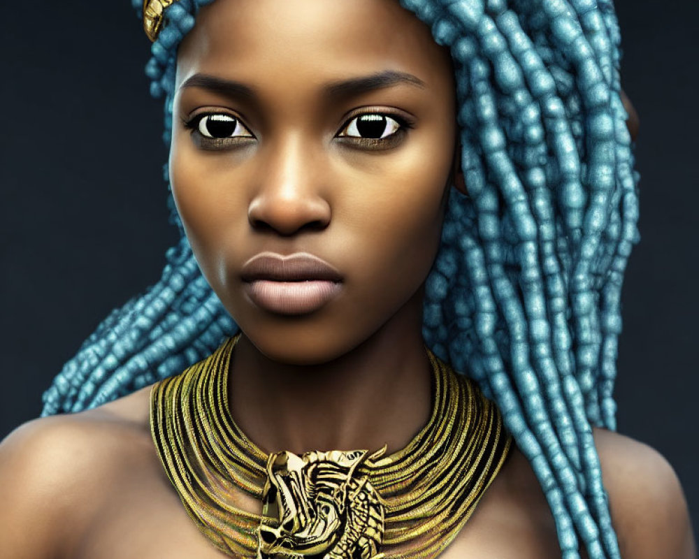 Portrait of woman with striking eyes, blue braids, headwrap, and ornate necklace