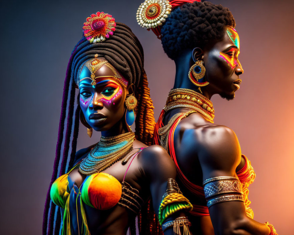 Two individuals in vibrant tribal body paint and accessories against gradient background.