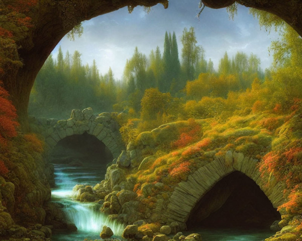 Tranquil autumn landscape with twin stone bridges over stream