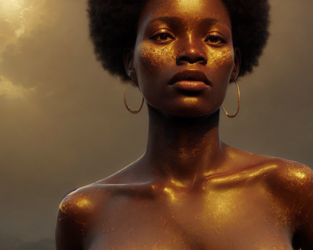 Portrait of woman with golden skin, hoop earrings, natural afro, against moody backdrop