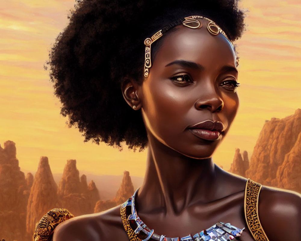 Digital portrait of woman with dark skin and afro, wearing traditional jewelry, against golden cliffs.