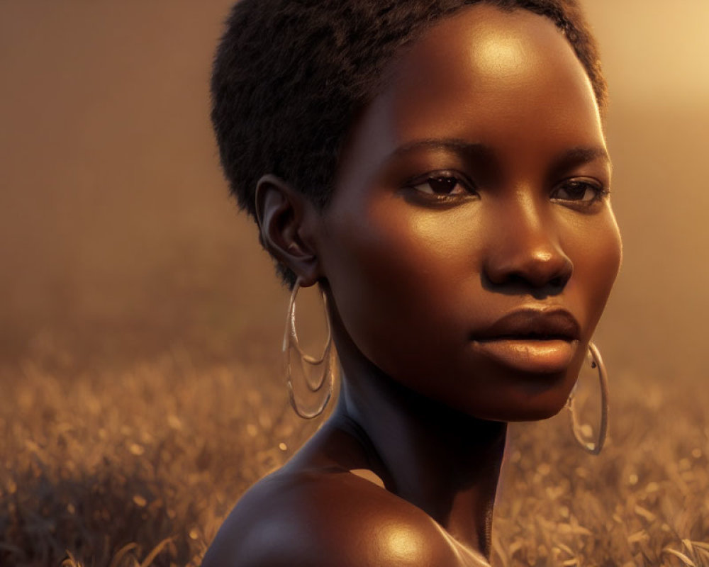 Woman with Short Hair and Hoop Earrings in Golden-Lit Portrait