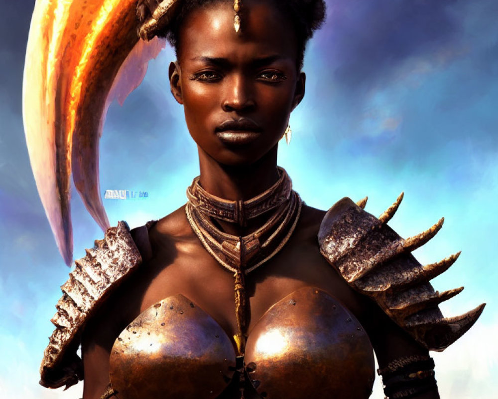 Digital artwork of woman with tribal appearance wearing metallic shoulder armor and headdress under blue sky