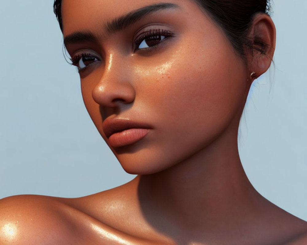 Digital portrait of woman with tanned skin and glistening highlighter