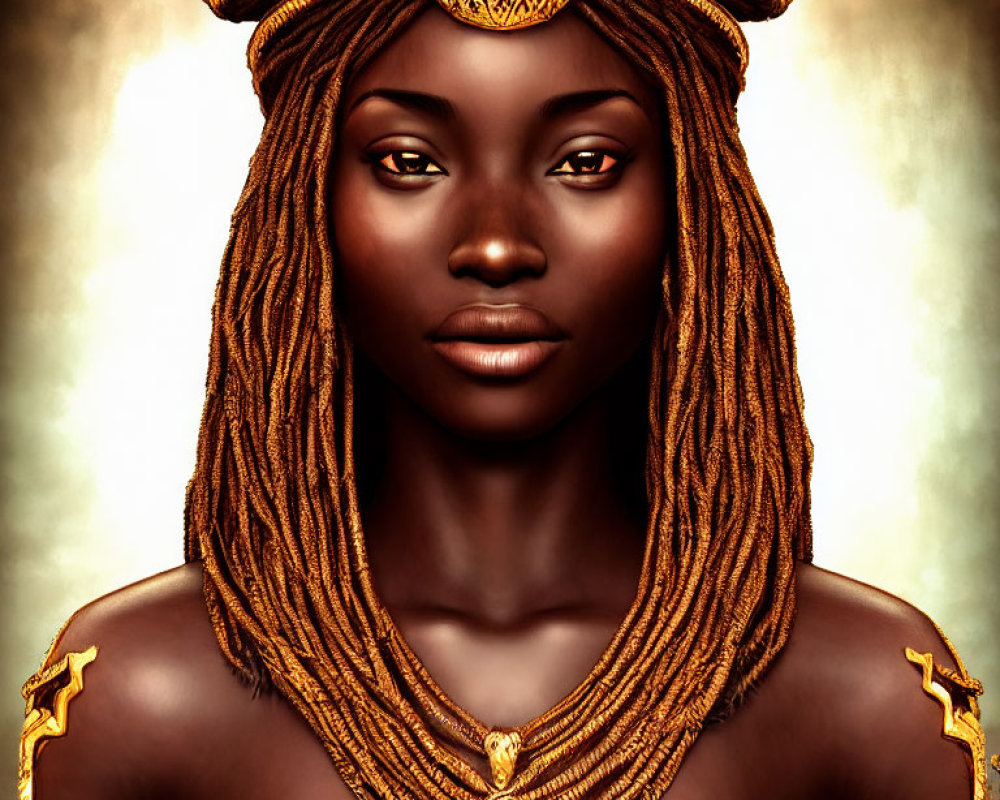 Regal woman adorned with gold jewelry and braided hair on warm background