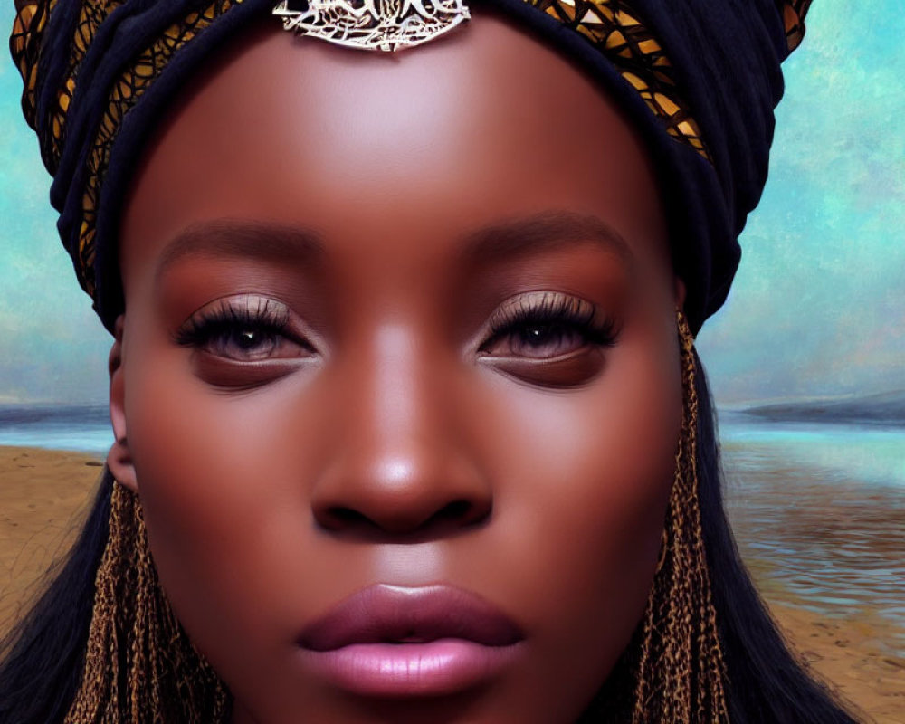 Woman with headscarf, silver accessory, braids, and makeup in desert.