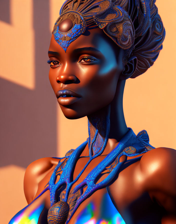 Detailed 3D digital art portrait of African woman with blue headpiece and jewelry