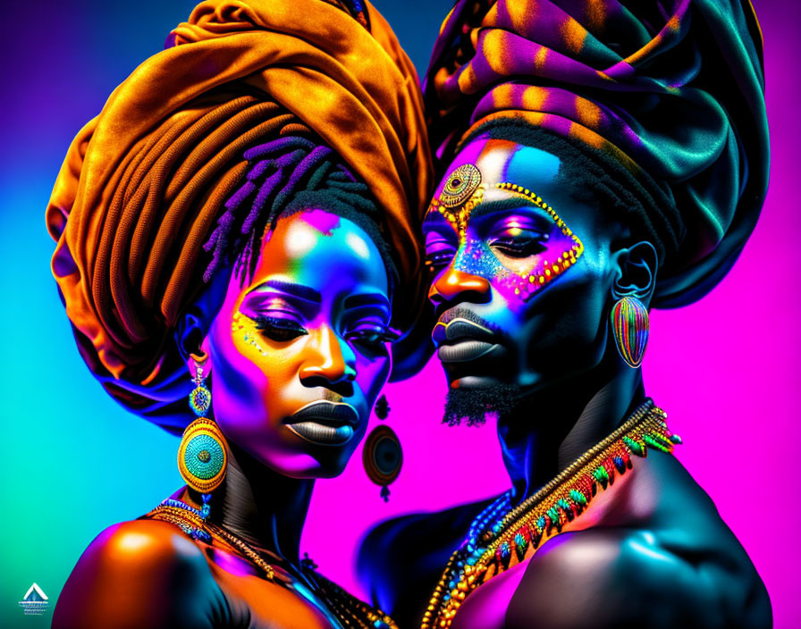 Vibrant Body Paint and Elaborate Headwraps on Two Individuals