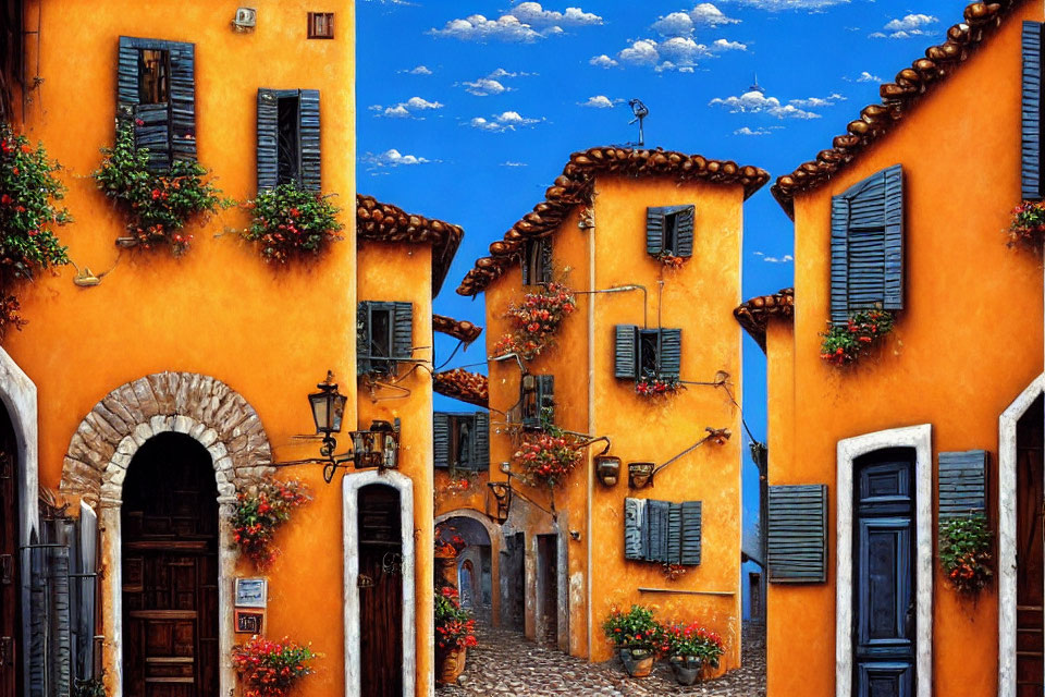 Vibrant orange buildings on cobblestone street with green shutters