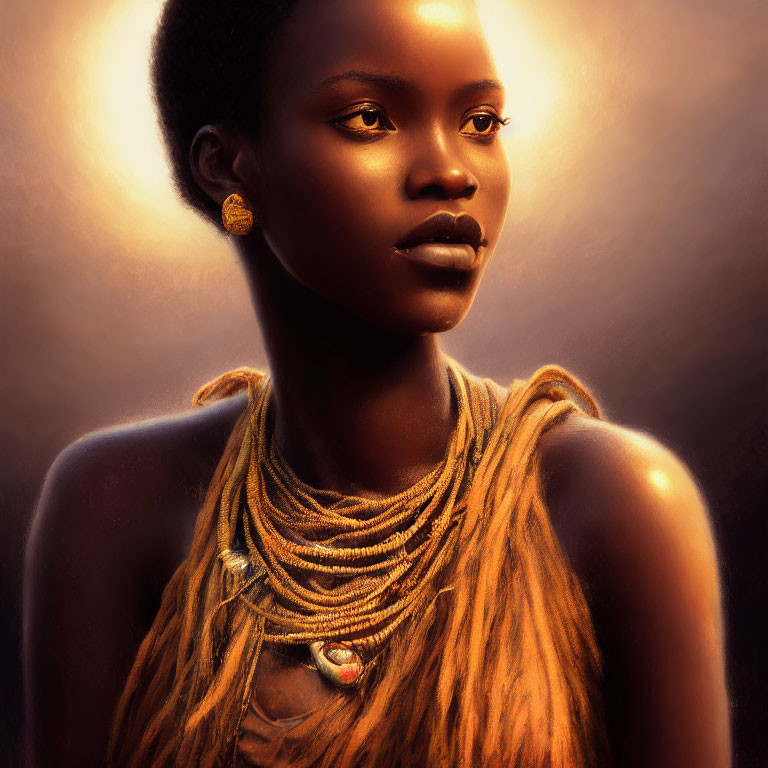 Radiant woman with golden jewelry on warm backdrop