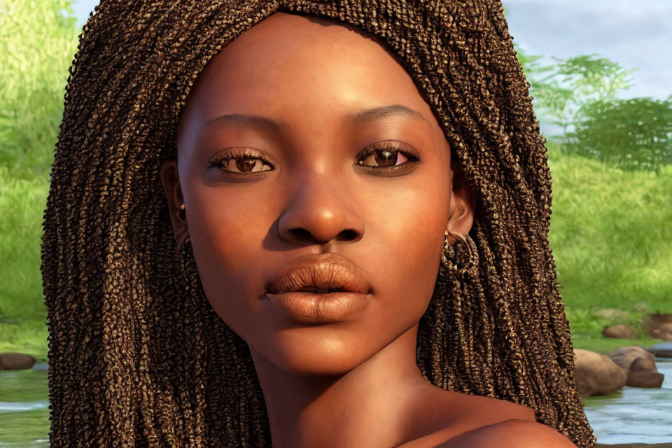 Detailed close-up of serene woman with braided hair in digital rendering