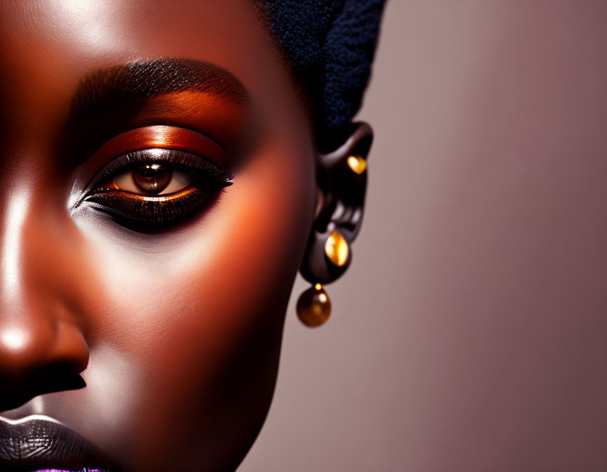 Close-up of woman with striking eye makeup and golden earrings on neutral background