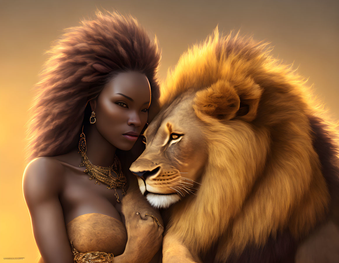 Digital Artwork of Woman and Lion with Flowing Manes on Golden Background