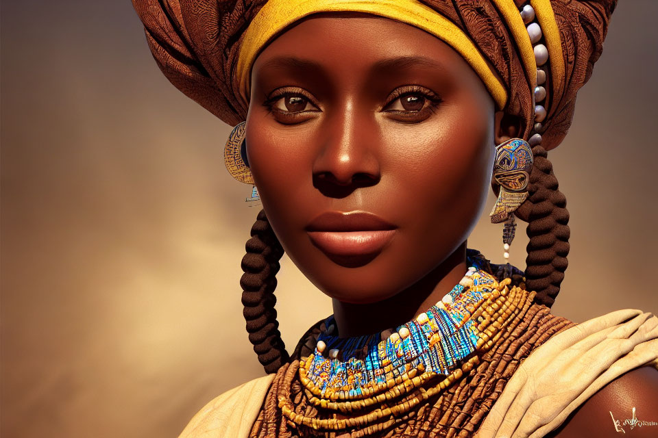 Dark-skinned woman in yellow headwrap with colorful beads and earrings against desert backdrop